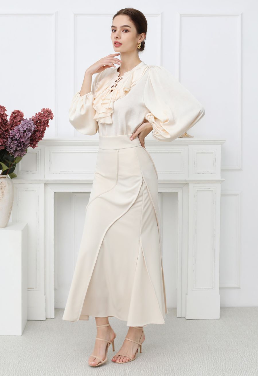 Tiered Ruffle Bubble Sleeve Textured Satin Top in Cream