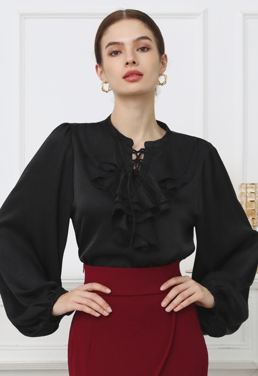 Tiered Ruffle Bubble Sleeve Textured Satin Top in Black