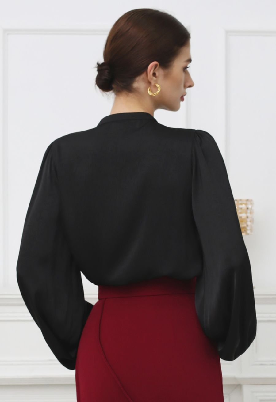 Tiered Ruffle Bubble Sleeve Textured Satin Top in Black