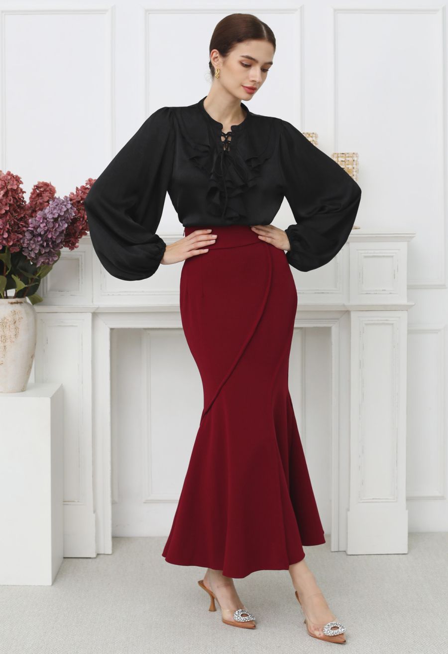 Tiered Ruffle Bubble Sleeve Textured Satin Top in Black