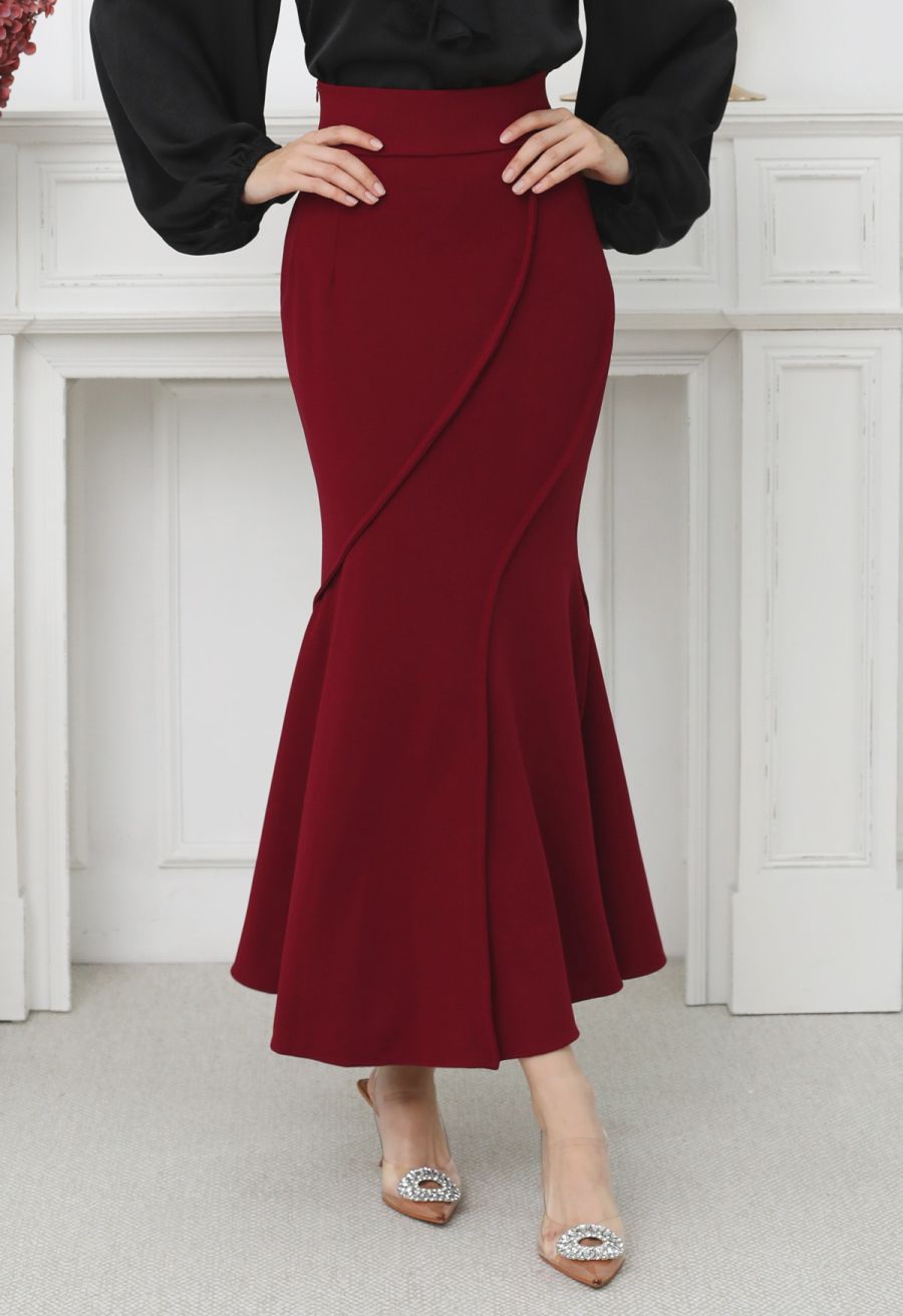 Wavy Seam Mermaid Maxi Skirt in Red