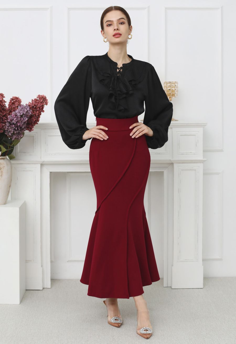 Tiered Ruffle Bubble Sleeve Textured Satin Top in Black