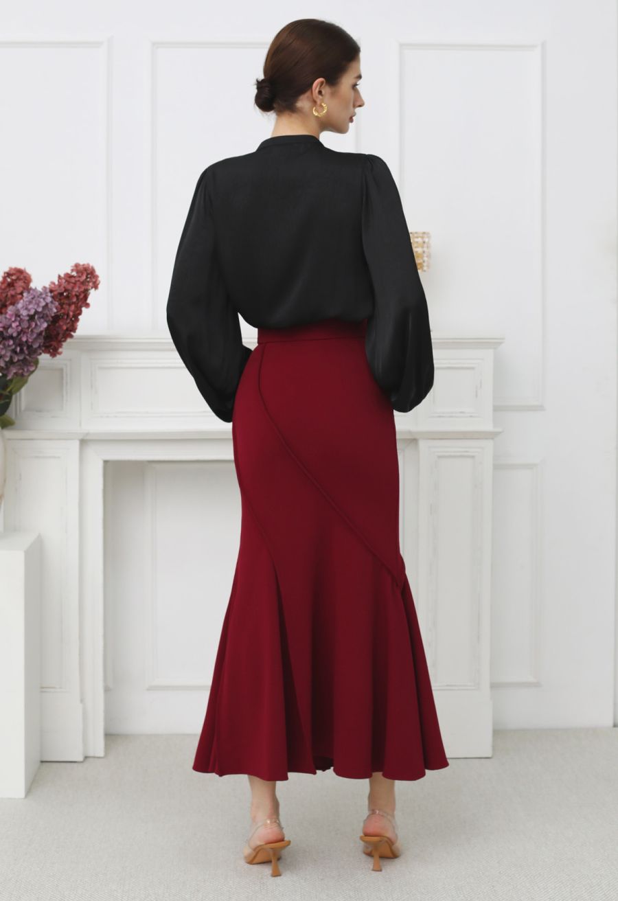 Tiered Ruffle Bubble Sleeve Textured Satin Top in Black