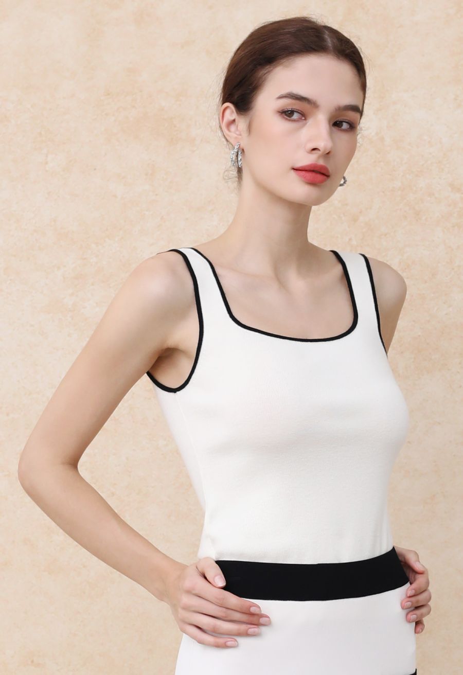 Contrast Edge Square Neck Knit Tank Top in Cream