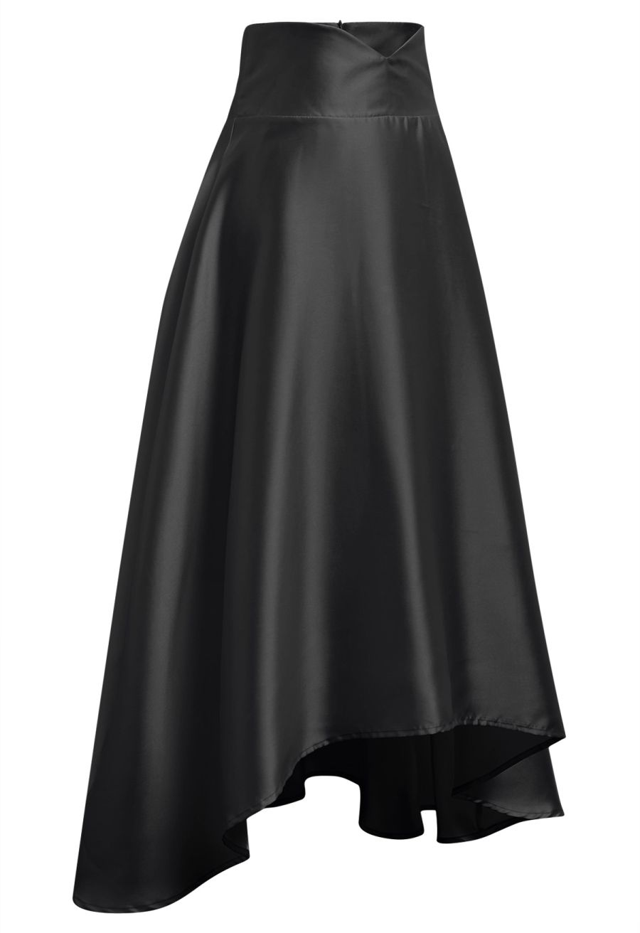 V-Cut Shaped Hi-Lo Hem Maxi Skirt in Black