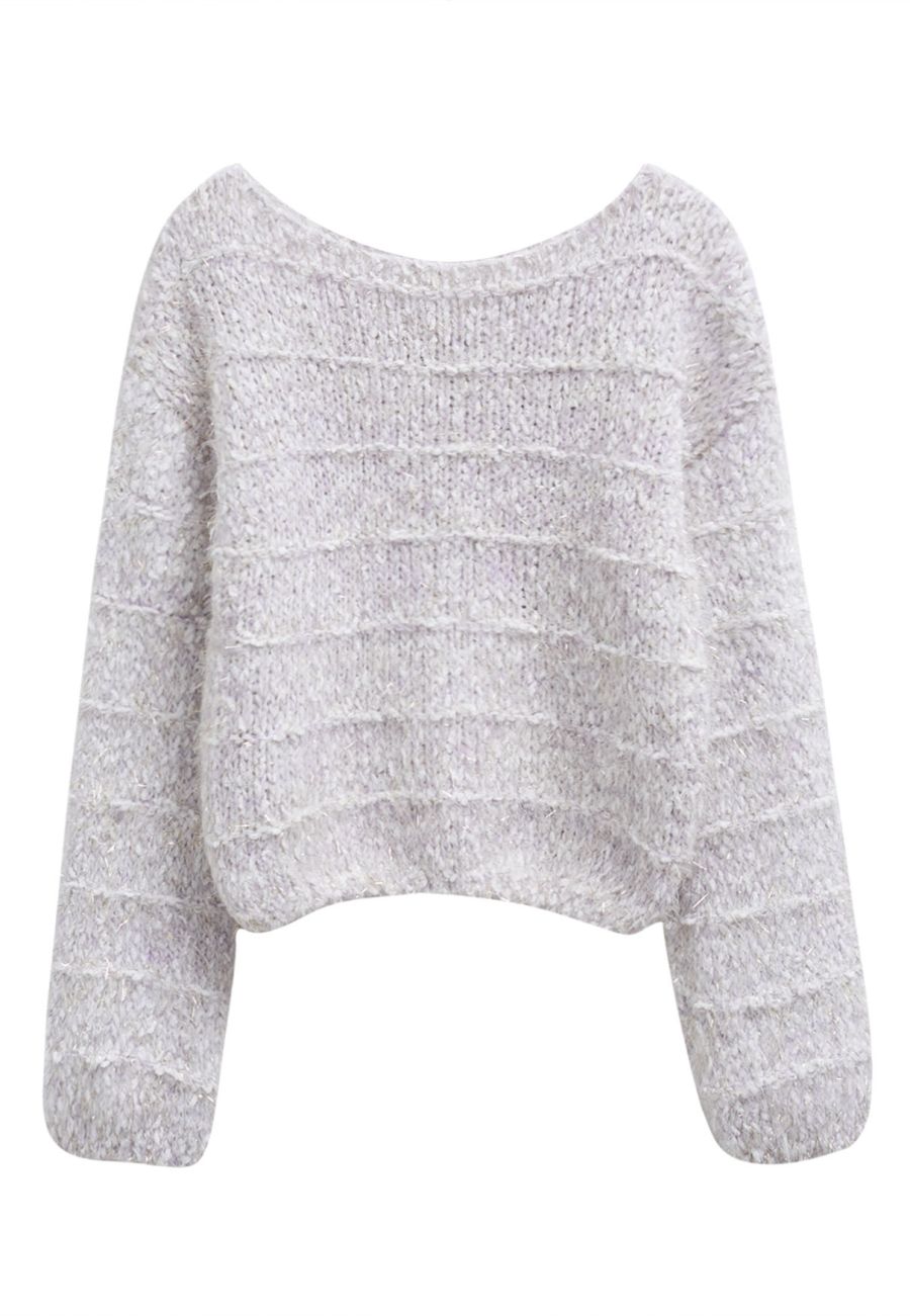 Fuzzy Metallic Thread Chunky Knit Crop Sweater in Lilac