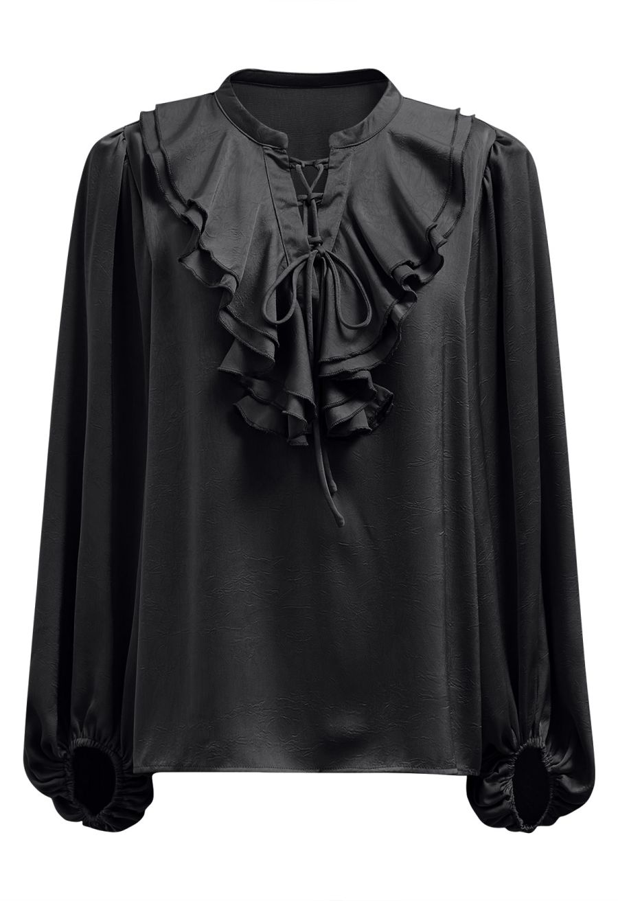 Tiered Ruffle Bubble Sleeve Textured Satin Top in Black