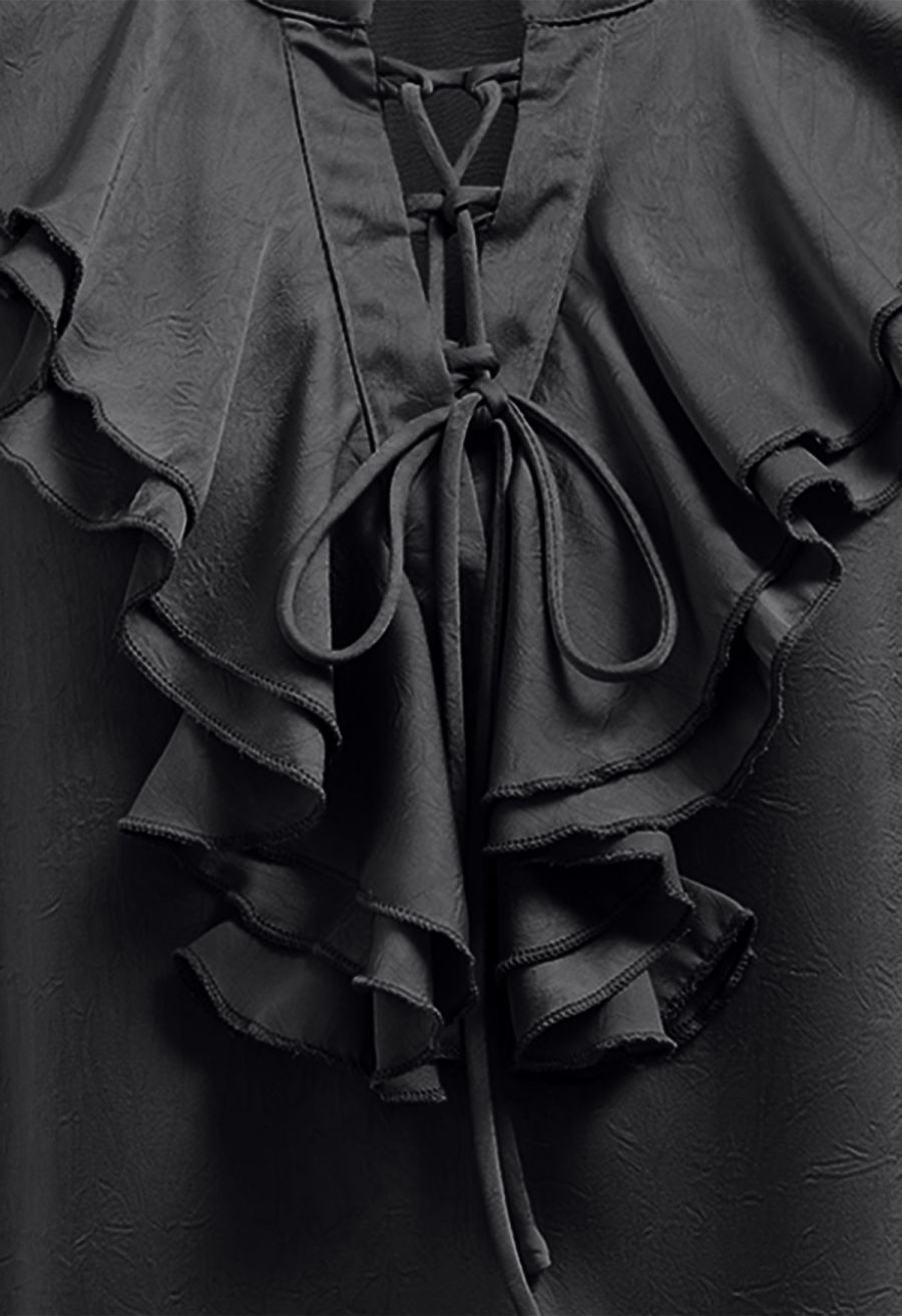 Tiered Ruffle Bubble Sleeve Textured Satin Top in Black
