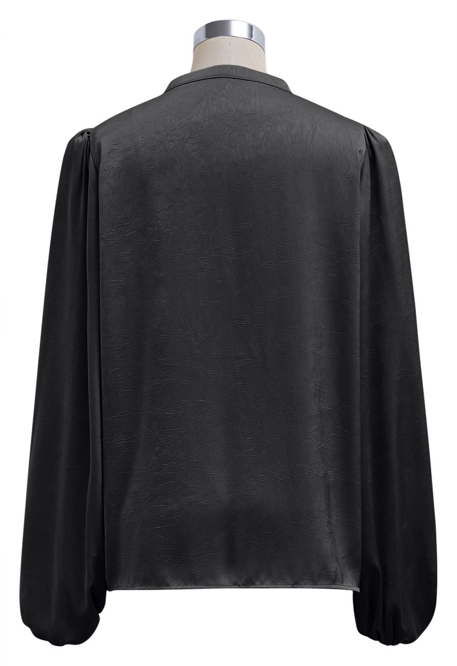 Tiered Ruffle Bubble Sleeve Textured Satin Top in Black