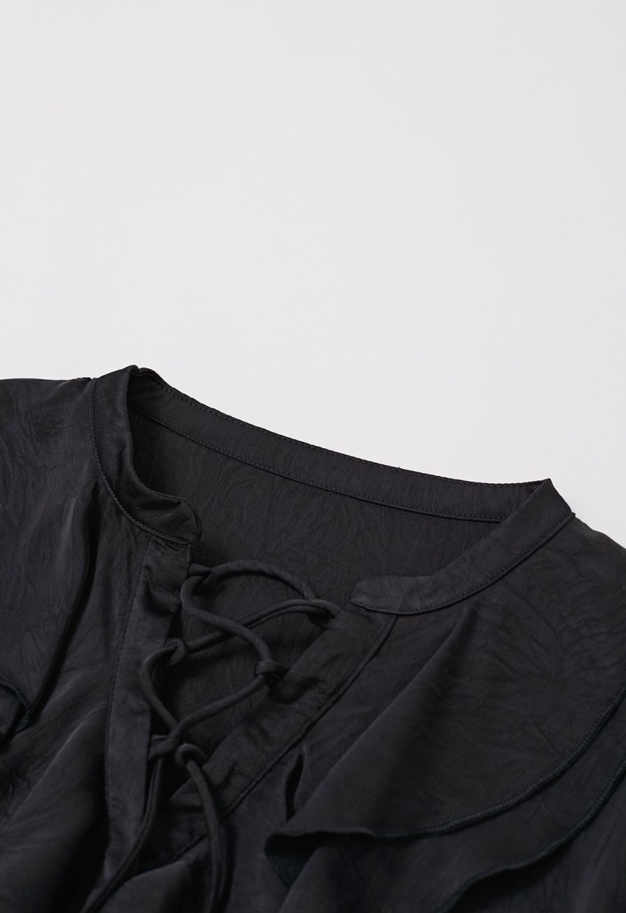 Tiered Ruffle Bubble Sleeve Textured Satin Top in Black