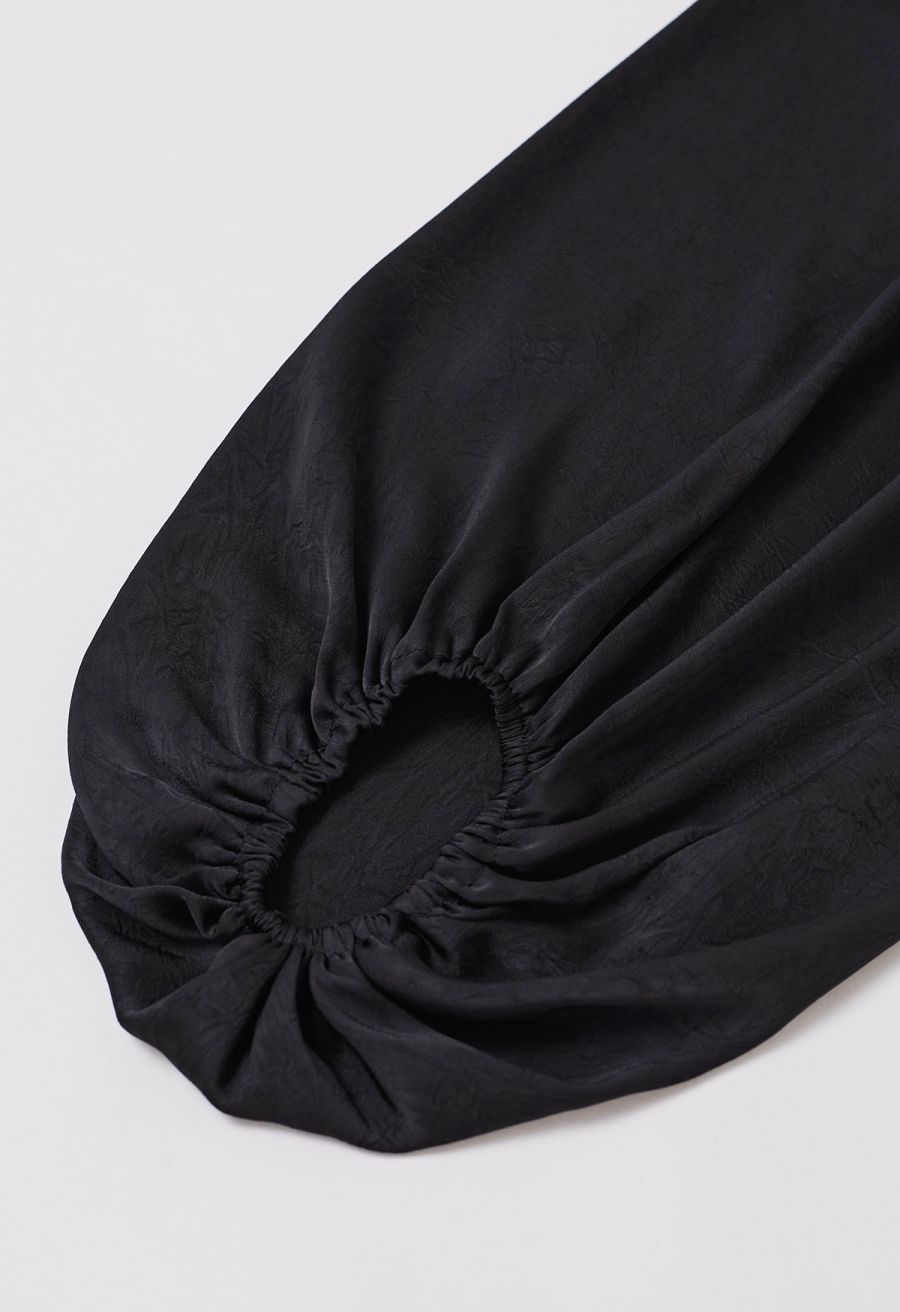 Tiered Ruffle Bubble Sleeve Textured Satin Top in Black
