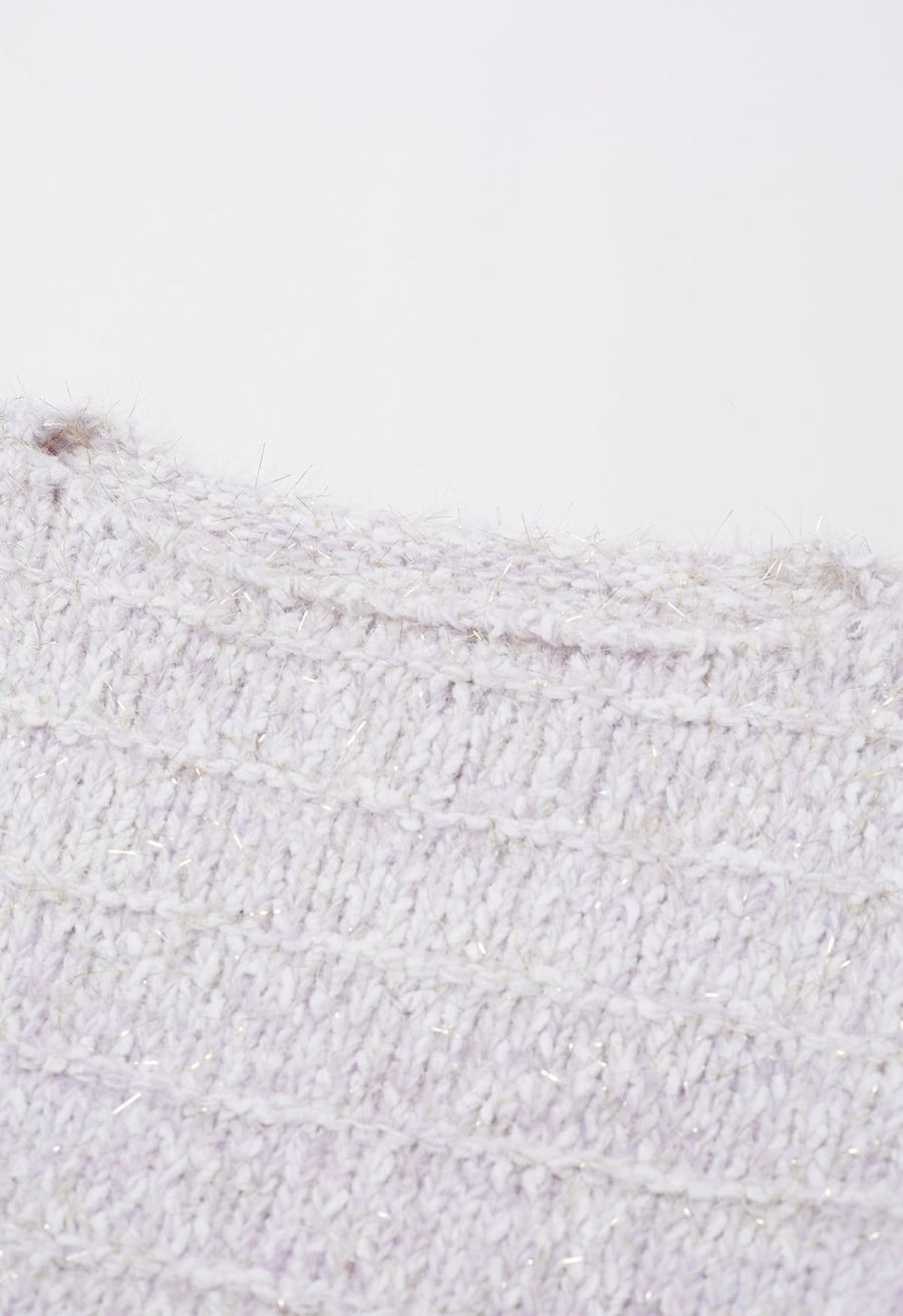 Fuzzy Metallic Thread Chunky Knit Crop Sweater in Lilac