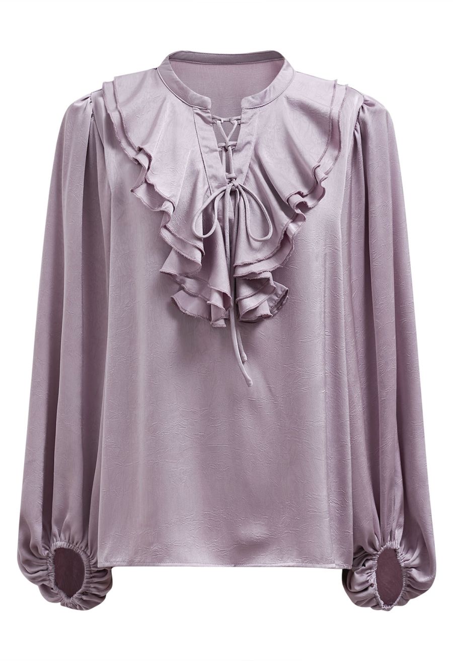 Tiered Ruffle Bubble Sleeve Textured Satin Top in Lilac