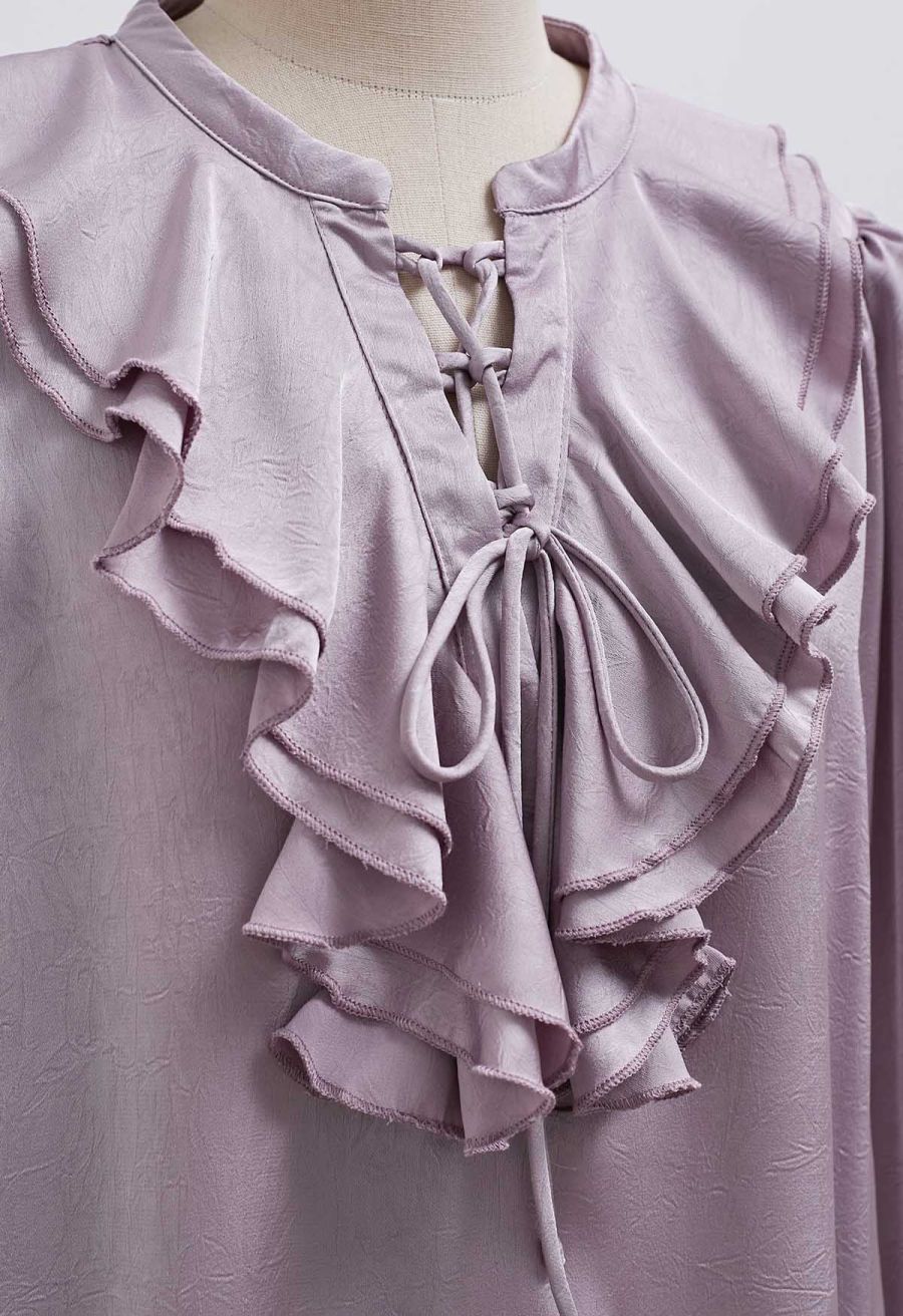 Tiered Ruffle Bubble Sleeve Textured Satin Top in Lilac