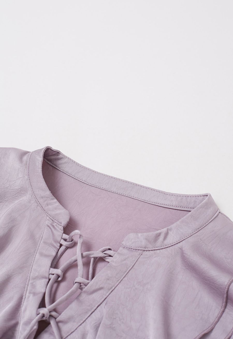 Tiered Ruffle Bubble Sleeve Textured Satin Top in Lilac
