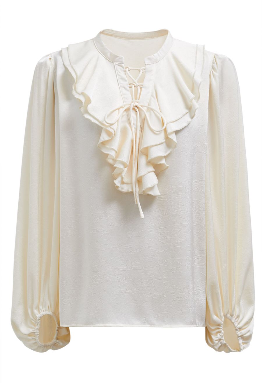 Tiered Ruffle Bubble Sleeve Textured Satin Top in Cream