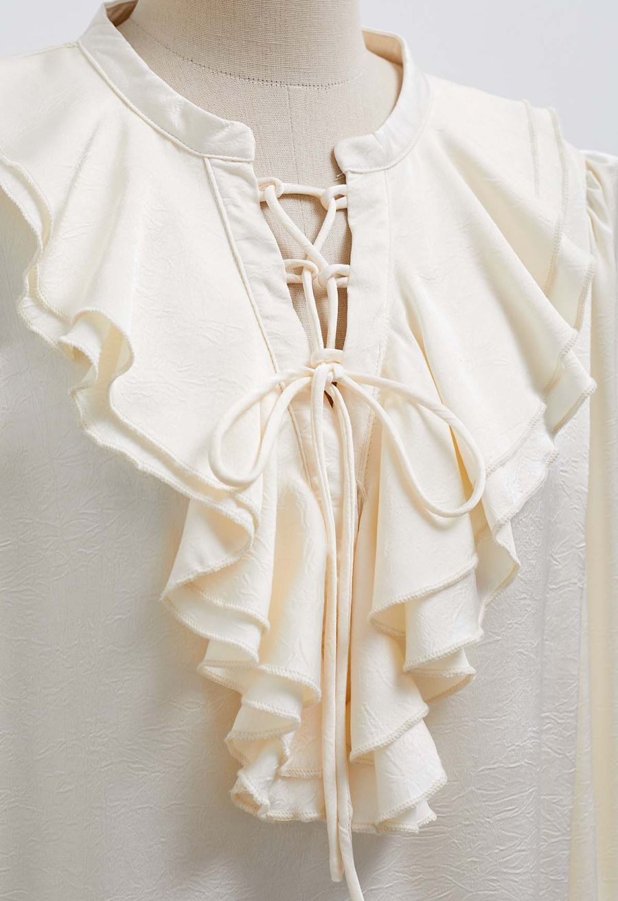 Tiered Ruffle Bubble Sleeve Textured Satin Top in Cream