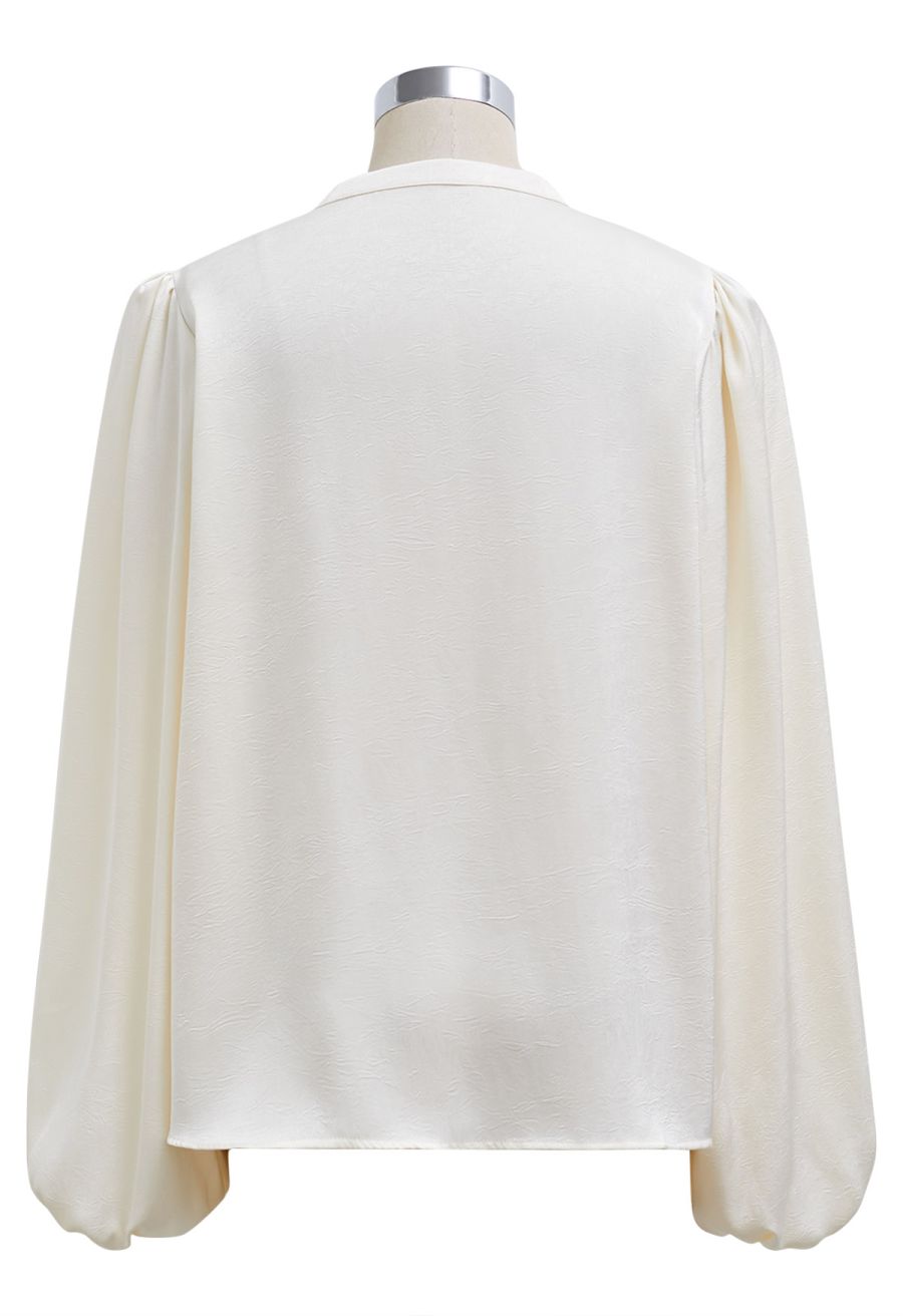 Tiered Ruffle Bubble Sleeve Textured Satin Top in Cream