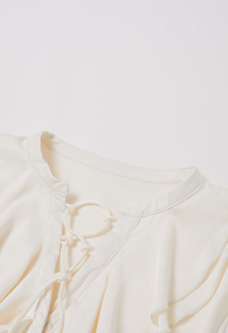 Tiered Ruffle Bubble Sleeve Textured Satin Top in Cream