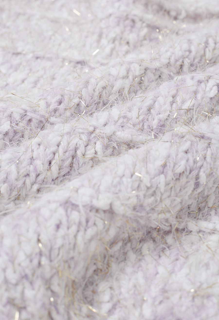 Fuzzy Metallic Thread Chunky Knit Crop Sweater in Lilac