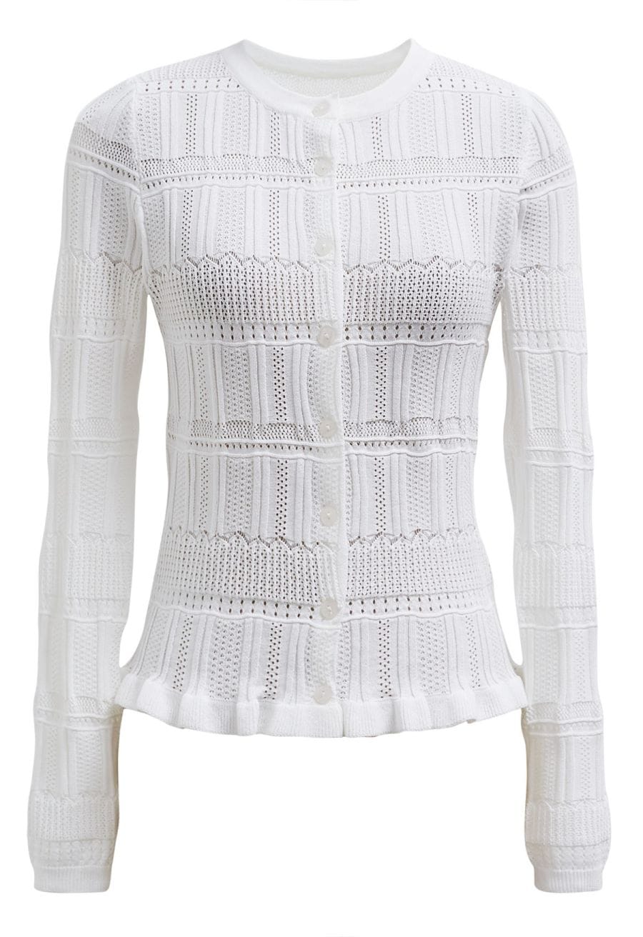 Pointelle Knit Button Top and Tiered Mini Skirt Set in White