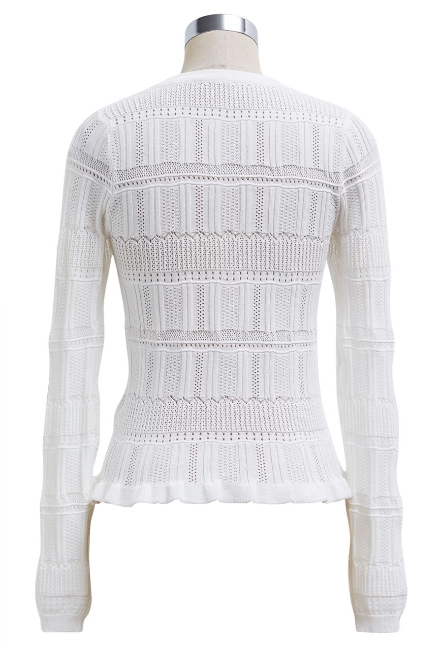 Pointelle Knit Button Top and Tiered Mini Skirt Set in White