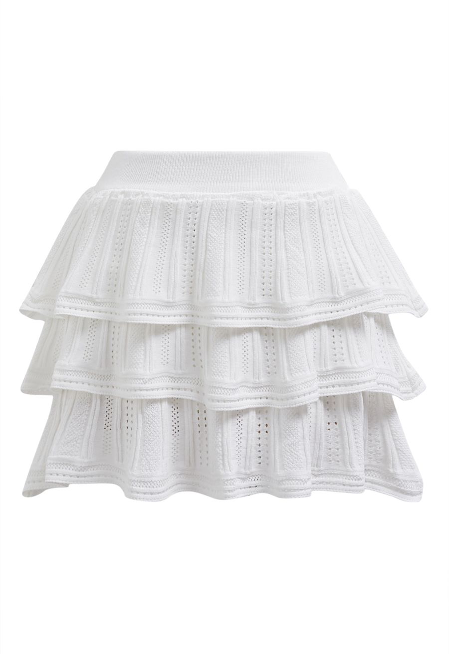 Pointelle Knit Button Top and Tiered Mini Skirt Set in White