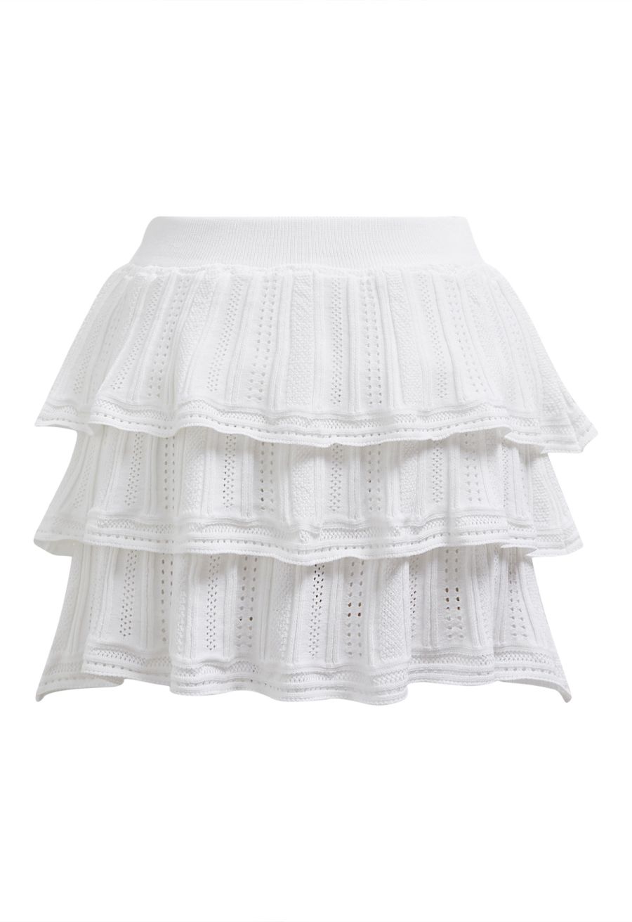 Pointelle Knit Button Top and Tiered Mini Skirt Set in White