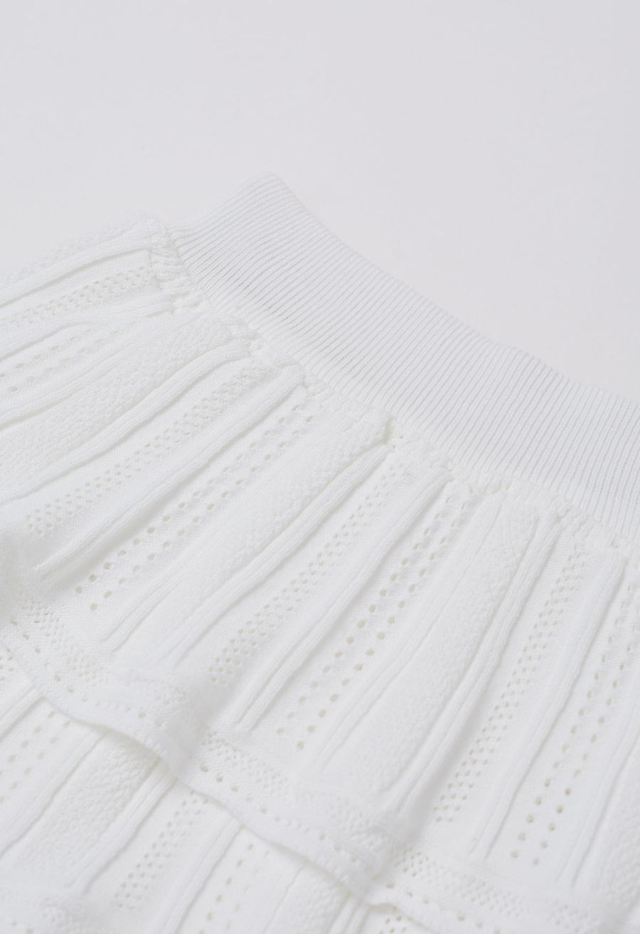 Pointelle Knit Button Top and Tiered Mini Skirt Set in White