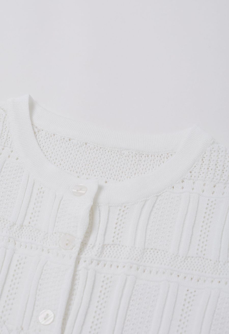 Pointelle Knit Button Top and Tiered Mini Skirt Set in White