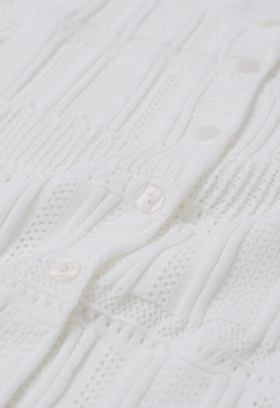 Pointelle Knit Button Top and Tiered Mini Skirt Set in White
