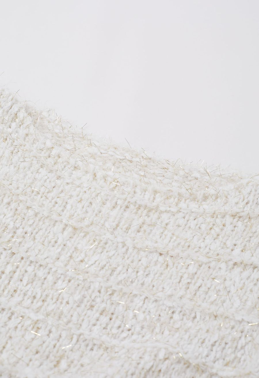Fuzzy Metallic Thread Chunky Knit Crop Sweater in Ivory