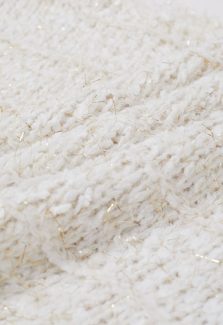 Fuzzy Metallic Thread Chunky Knit Crop Sweater in Ivory