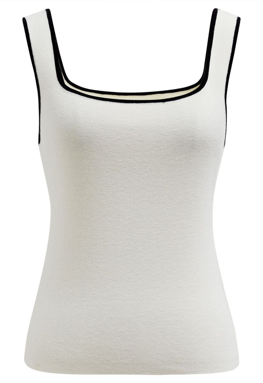 Contrast Edge Square Neck Knit Tank Top in Cream