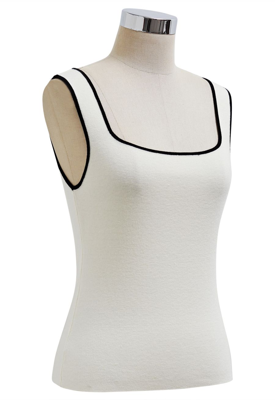 Contrast Edge Square Neck Knit Tank Top in Cream