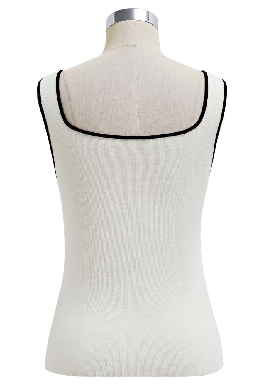 Contrast Edge Square Neck Knit Tank Top in Cream