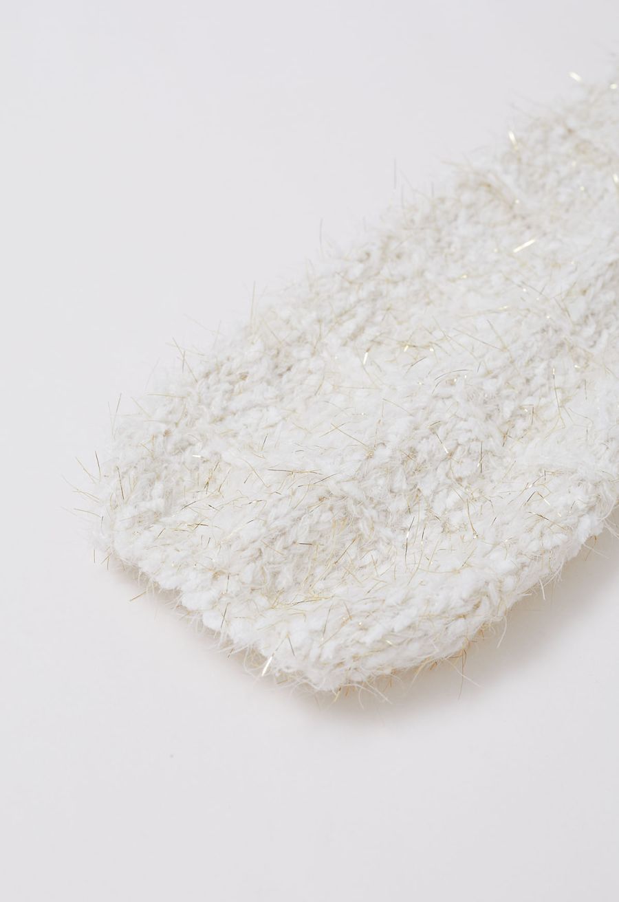 Fuzzy Metallic Thread Chunky Knit Crop Sweater in Ivory
