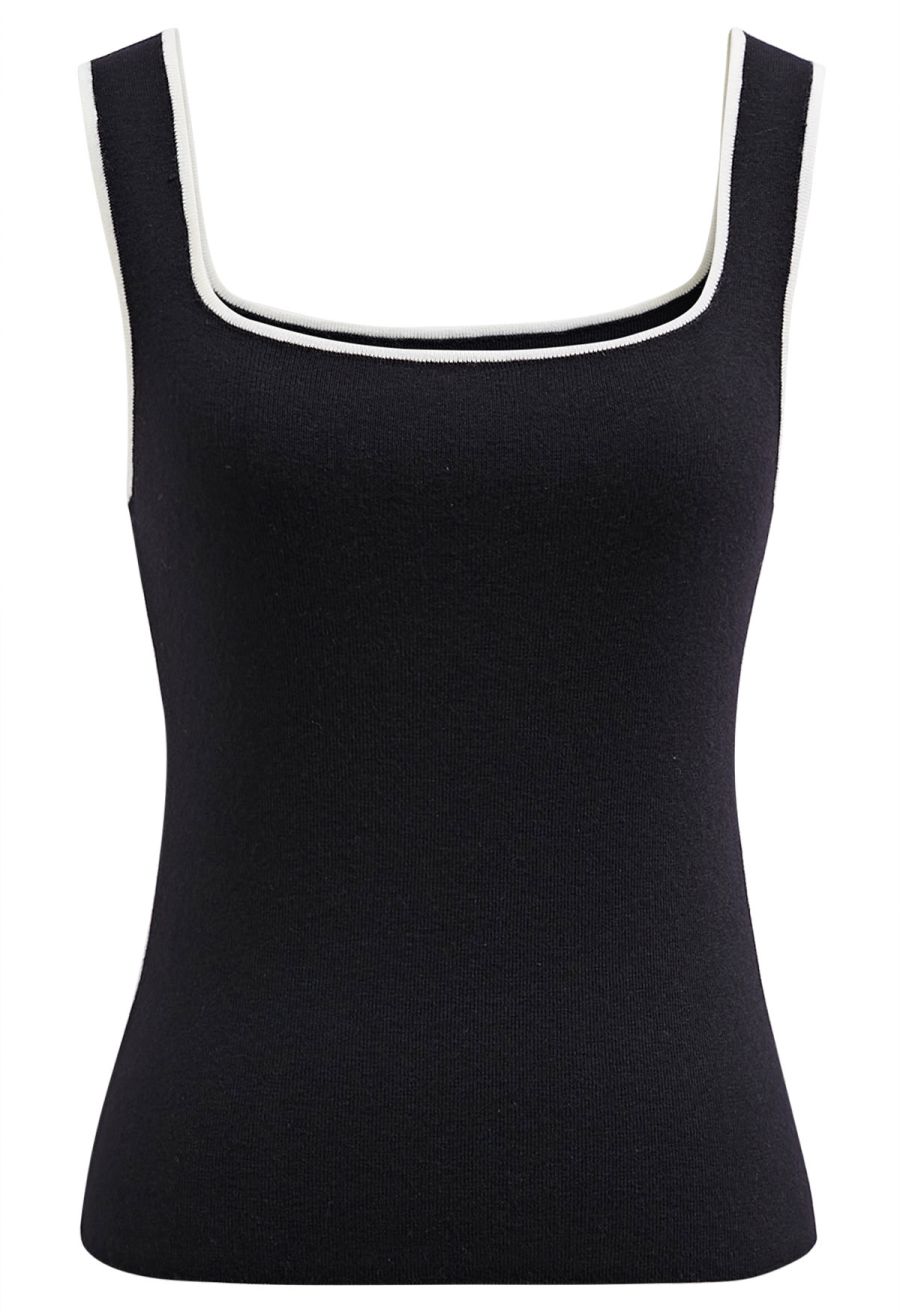 Contrast Edge Square Neck Knit Tank Top in Black