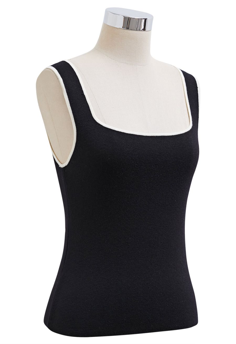 Contrast Edge Square Neck Knit Tank Top in Black