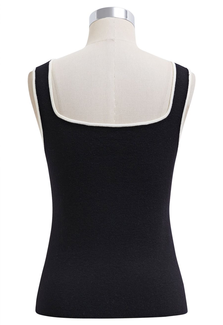 Contrast Edge Square Neck Knit Tank Top in Black