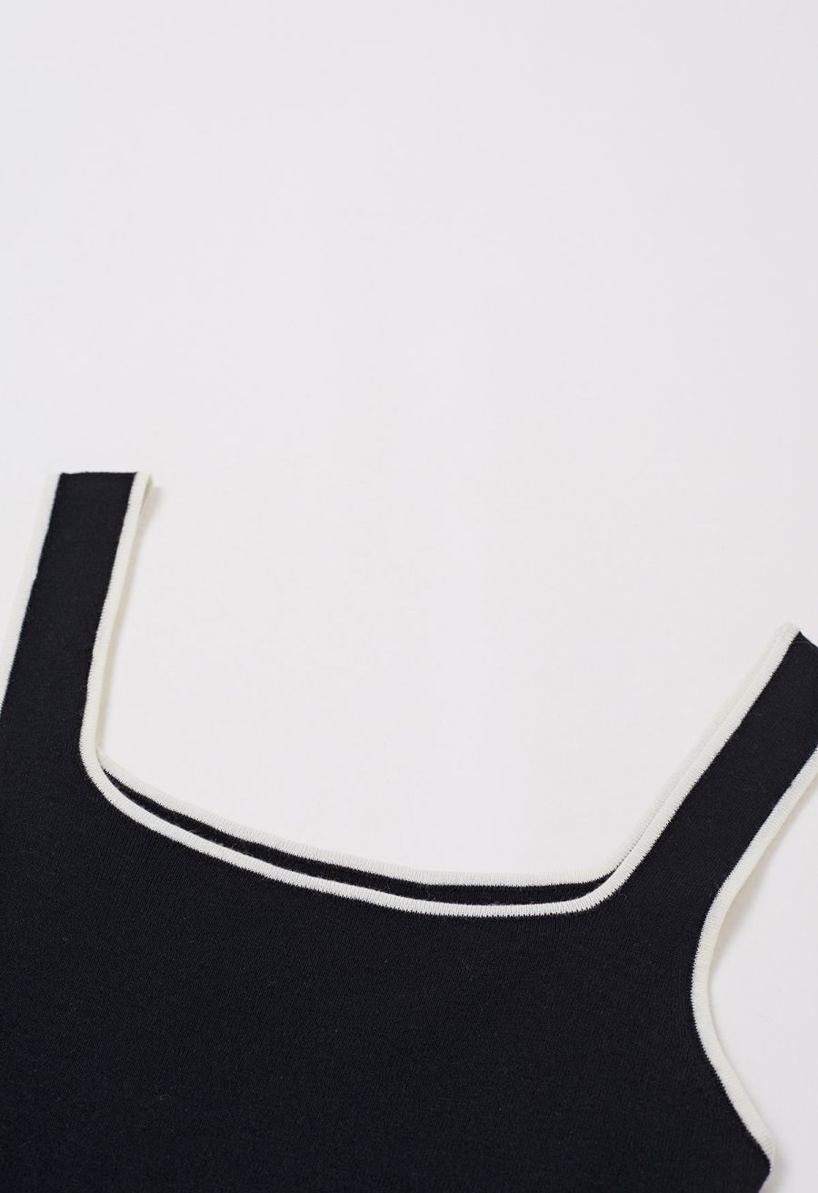 Contrast Edge Square Neck Knit Tank Top in Black