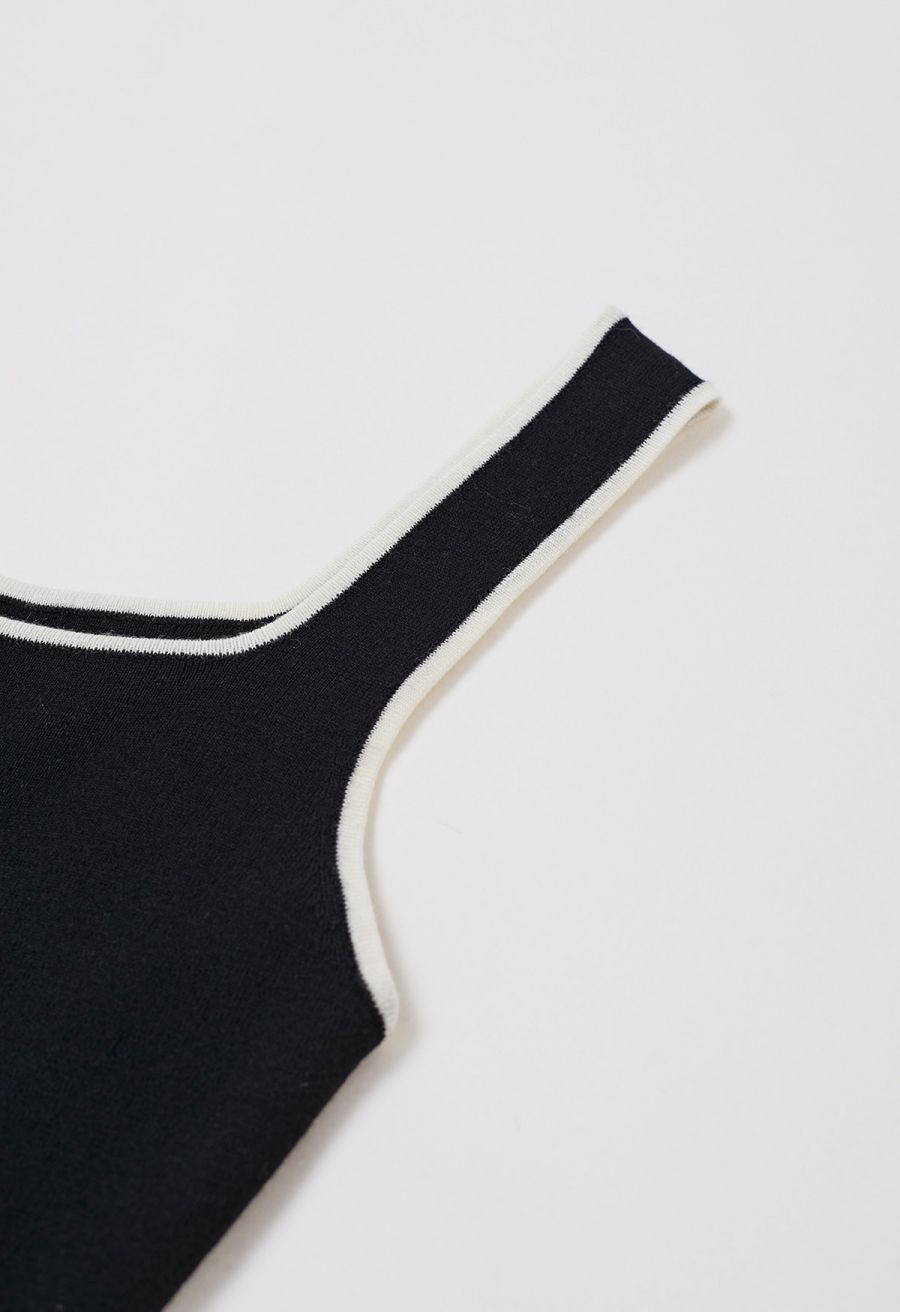 Contrast Edge Square Neck Knit Tank Top in Black