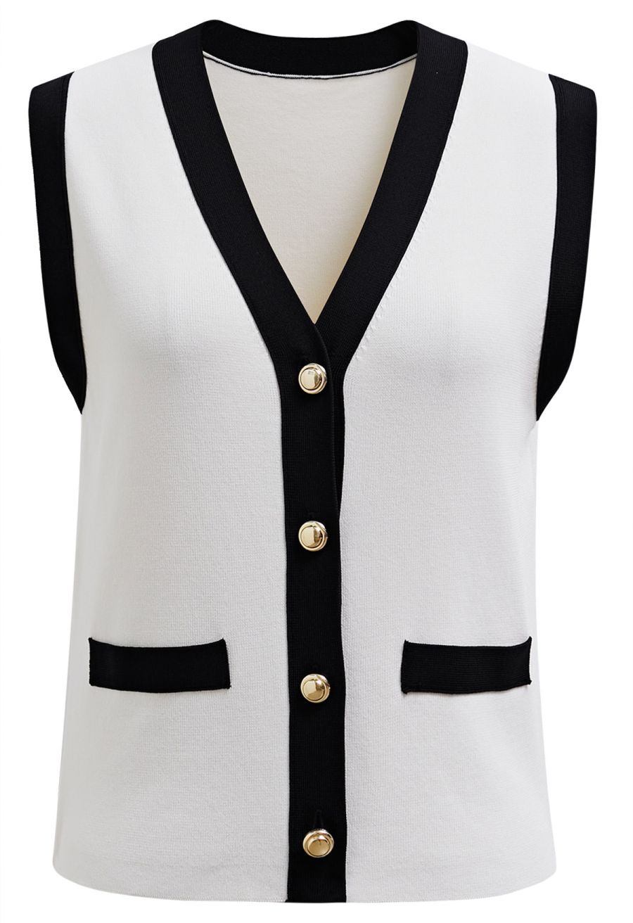 Contrast V-Neck Button Knit Vest in White