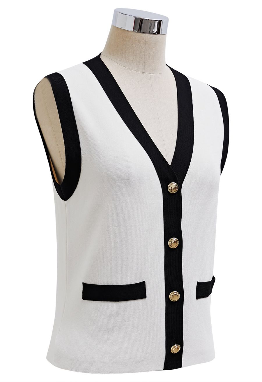 Contrast V-Neck Button Knit Vest in White