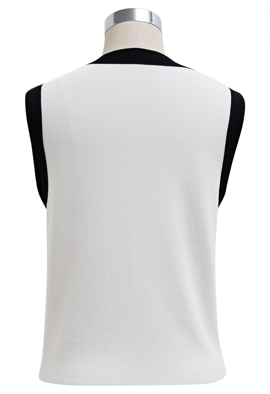 Contrast V-Neck Button Knit Vest in White