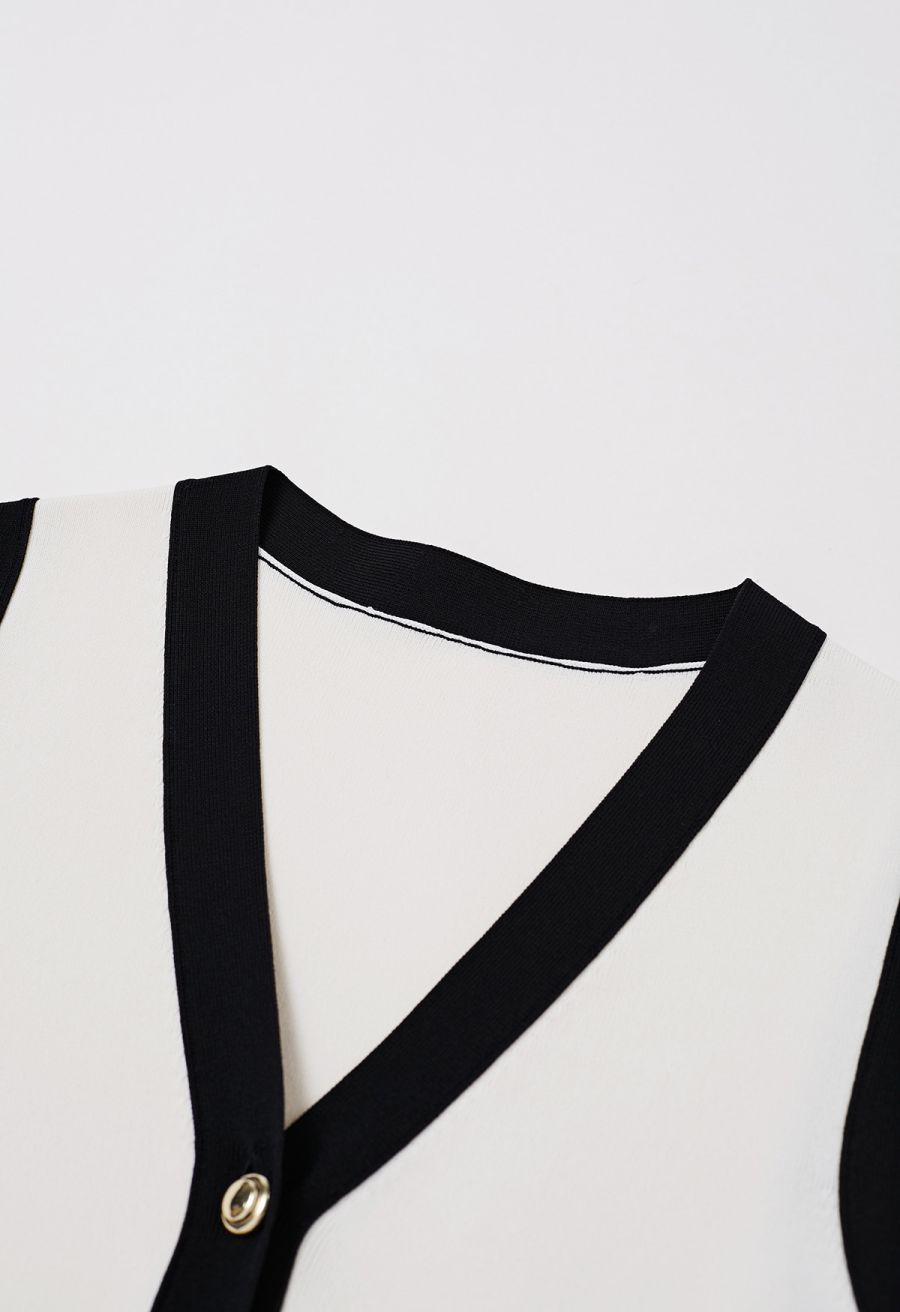 Contrast V-Neck Button Knit Vest in White