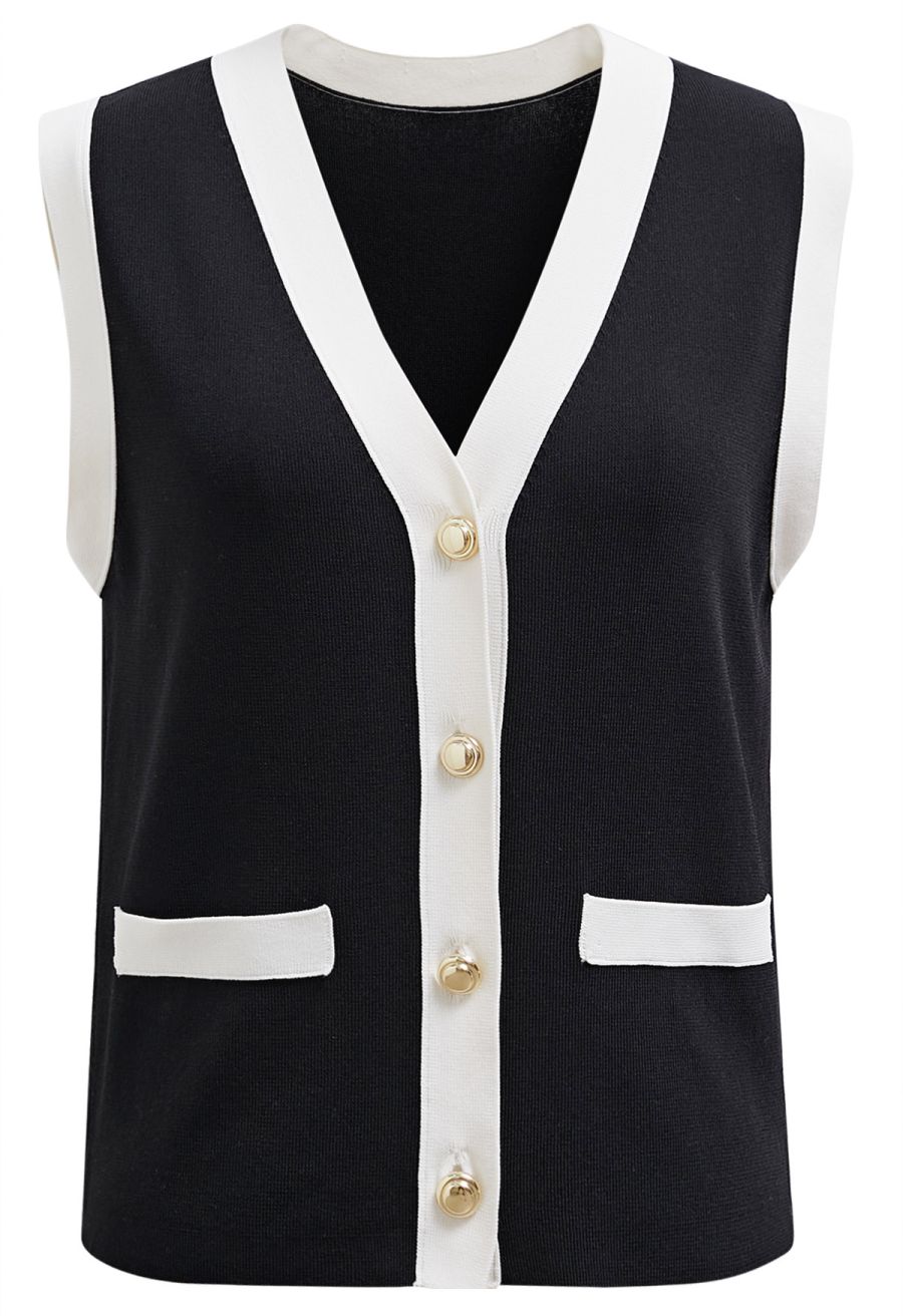 Contrast V-Neck Button Knit Vest in Black