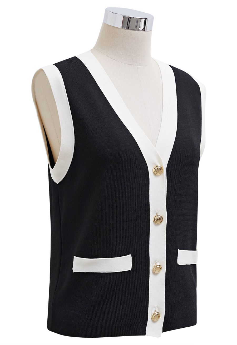 Contrast V-Neck Button Knit Vest in Black