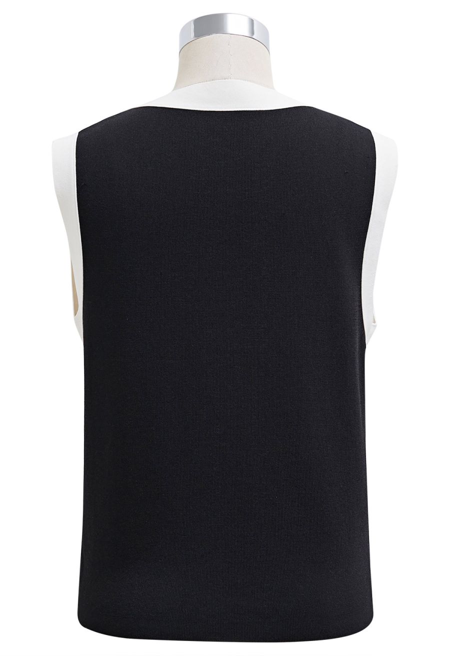 Contrast V-Neck Button Knit Vest in Black