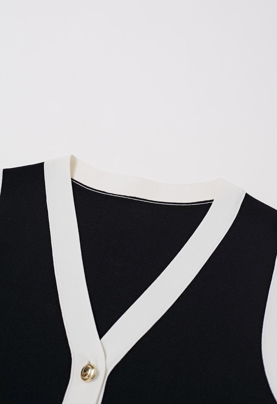 Contrast V-Neck Button Knit Vest in Black